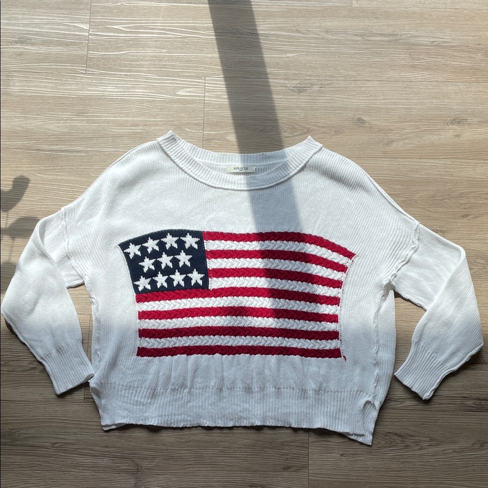 Miracle White and Red Crew Neck Sweater with Flag Design